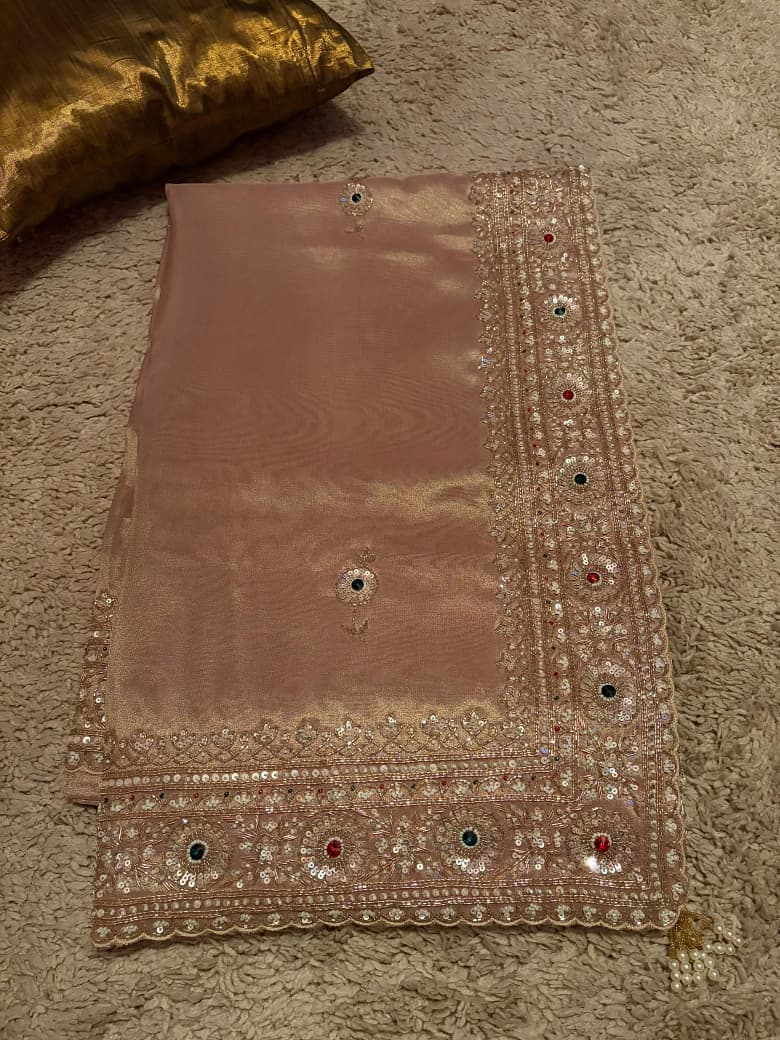 Rekha Ji Inspired Premium Pure Banarasi Zari Tissue Silk Saree with Rich Zardozi Handwork
