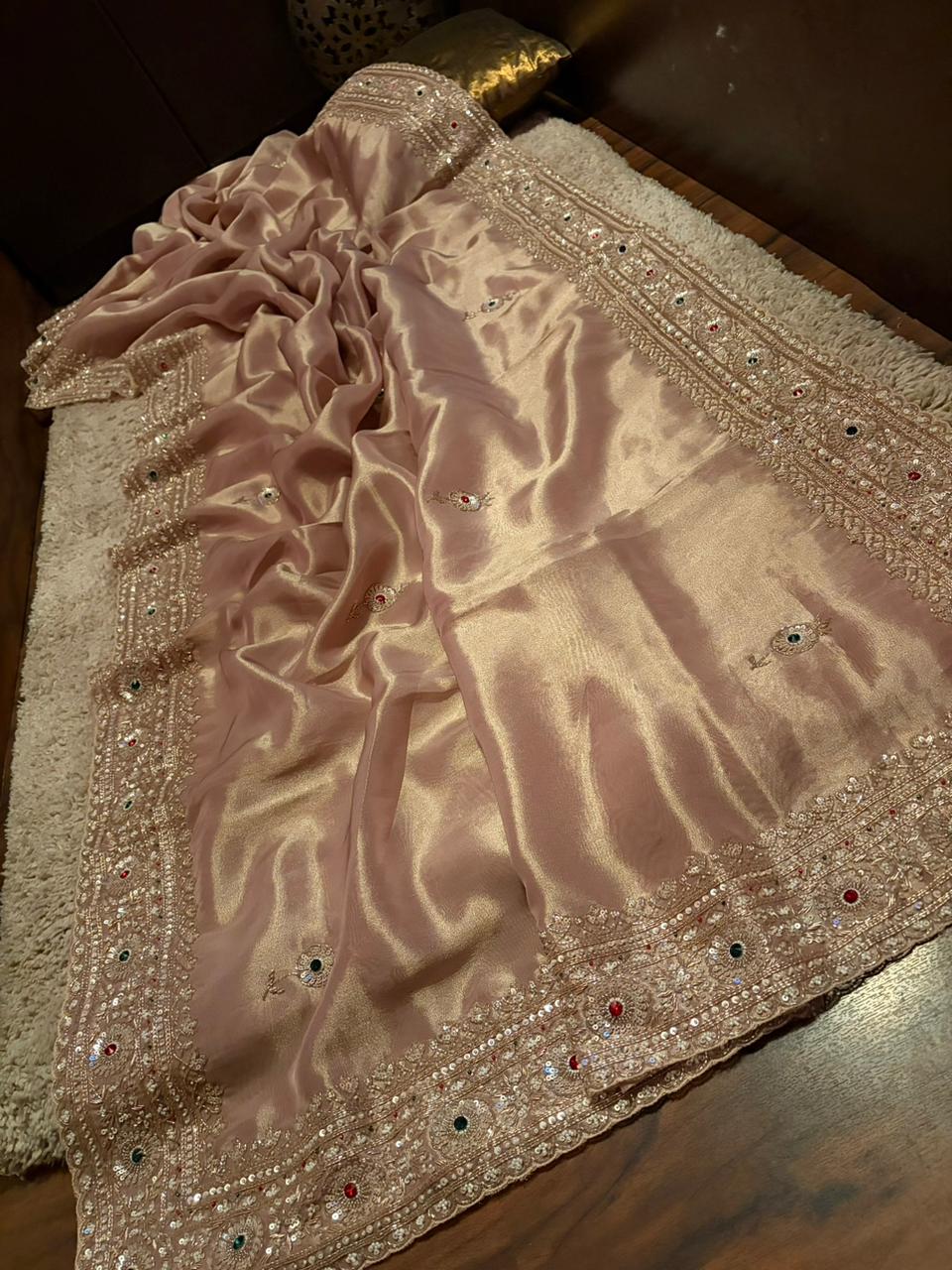 Rekha Ji Inspired Premium Pure Banarasi Zari Tissue Silk Saree with Rich Zardozi Handwork