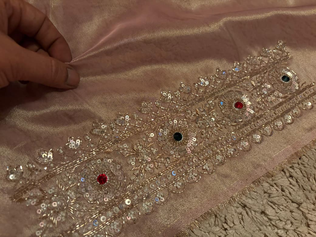 Rekha Ji Inspired Premium Pure Banarasi Zari Tissue Silk Saree with Rich Zardozi Handwork