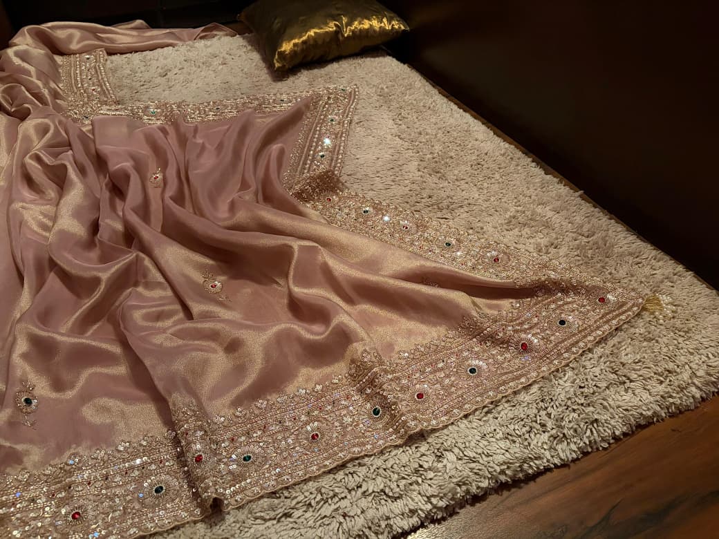 Rekha Ji Inspired Premium Pure Banarasi Zari Tissue Silk Saree with Rich Zardozi Handwork