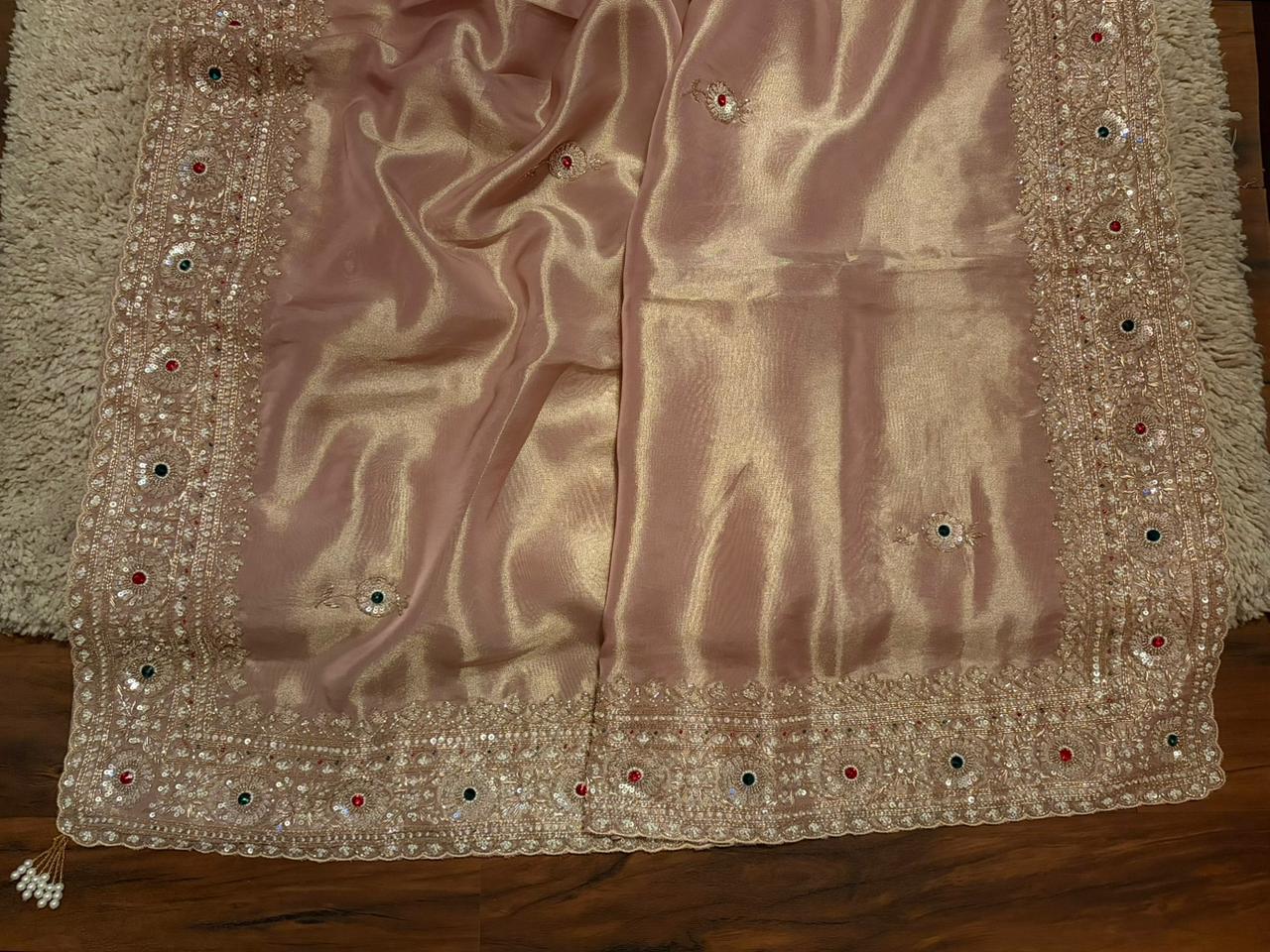 Rekha Ji Inspired Premium Pure Banarasi Zari Tissue Silk Saree with Rich Zardozi Handwork