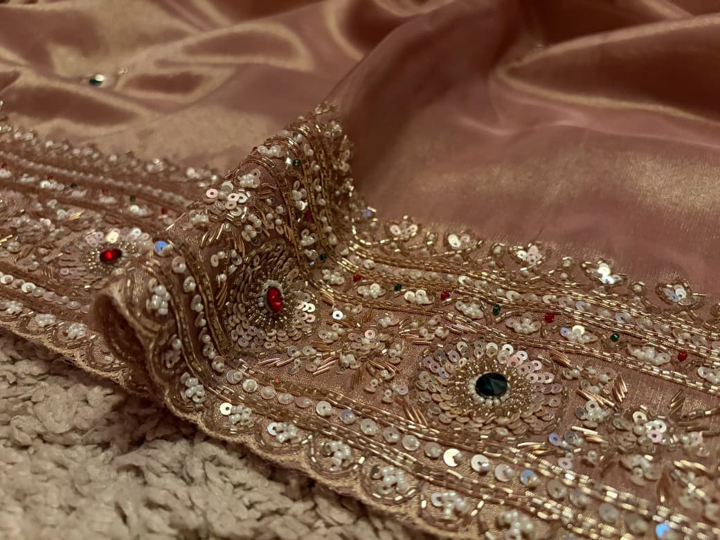 Rekha Ji Inspired Premium Pure Banarasi Zari Tissue Silk Saree with Rich Zardozi Handwork