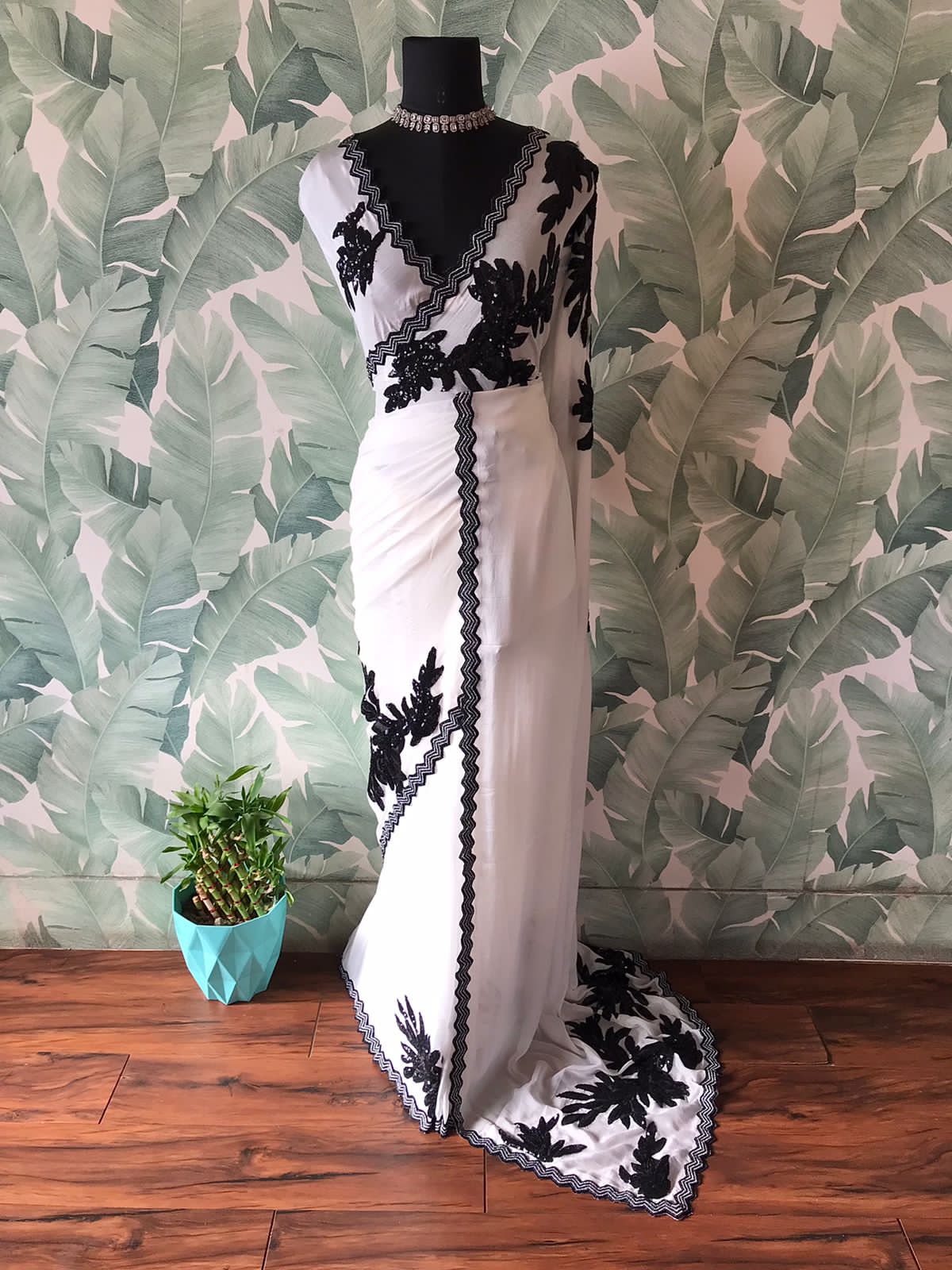 Stunning Black & White Pure Chinnon Crepe Silk Saree with Exquisite Handwork