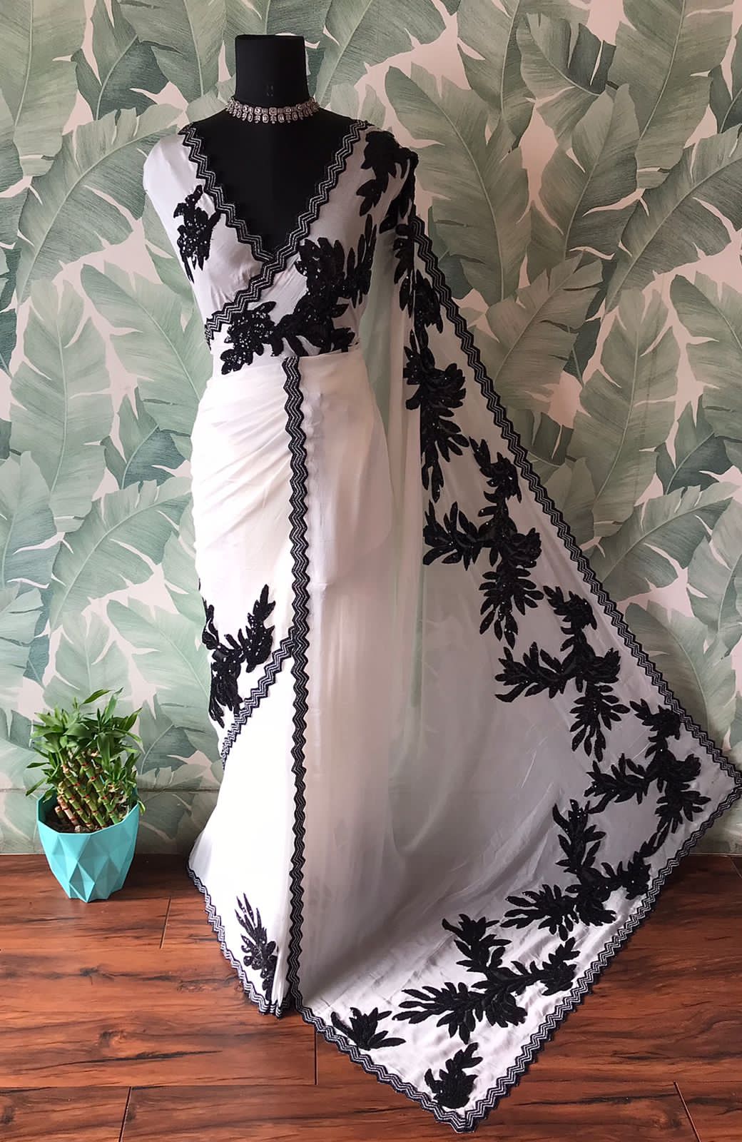 Stunning Black & White Pure Chinnon Crepe Silk Saree with Exquisite Handwork