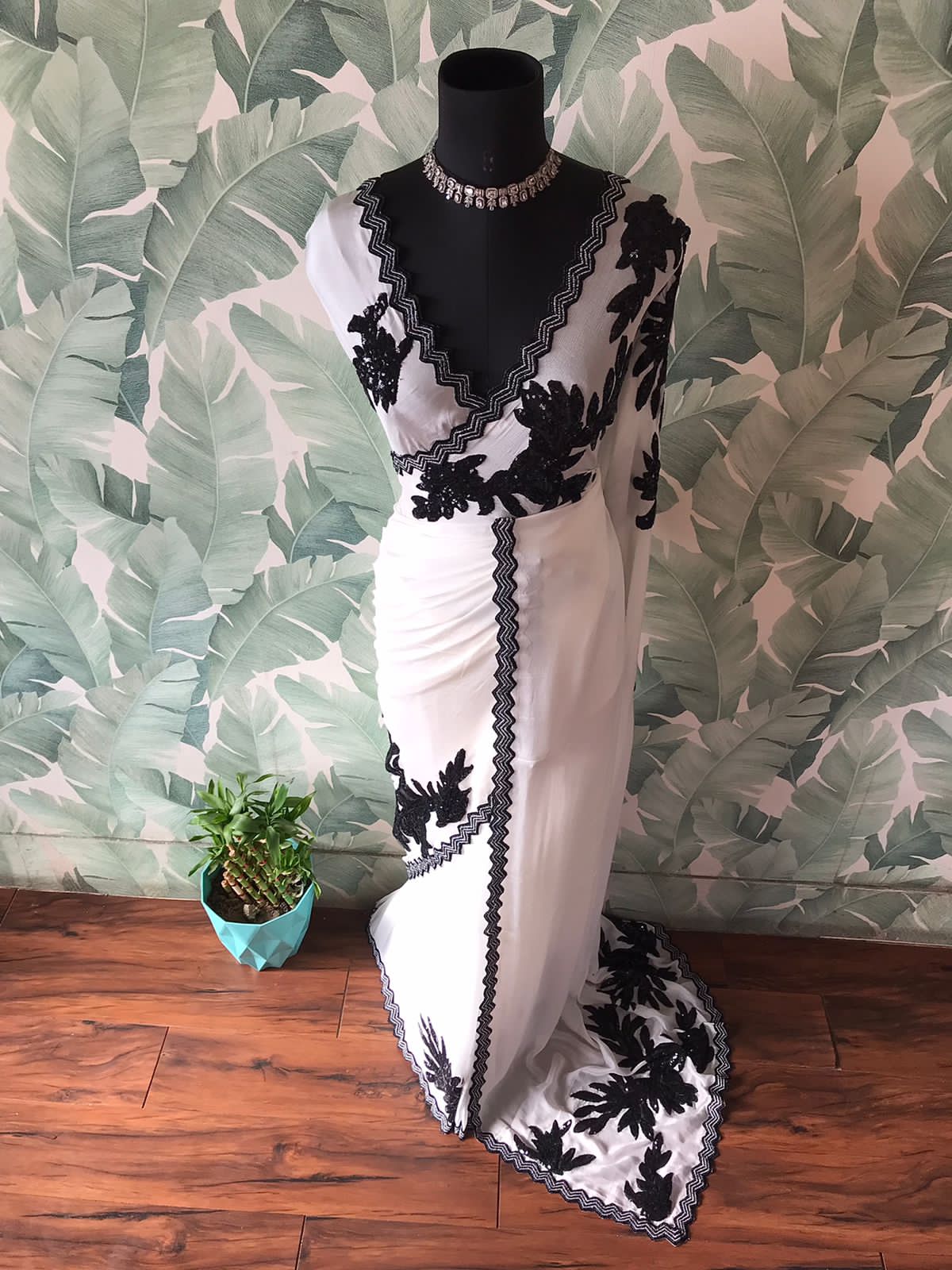 Stunning Black & White Pure Chinnon Crepe Silk Saree with Exquisite Handwork