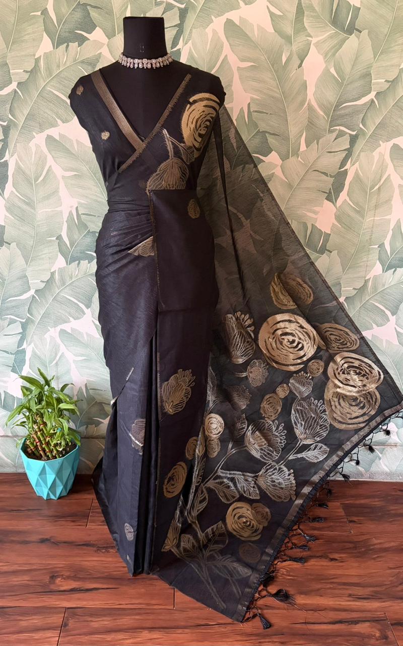 Premium quality soft semi tussar silk saree with gorgeous golden roses zari weaving & zari weaving motis