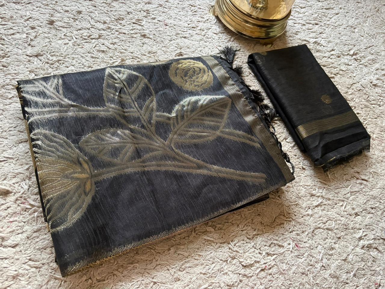 Premium quality soft semi tussar silk saree with gorgeous golden roses zari weaving & zari weaving motis