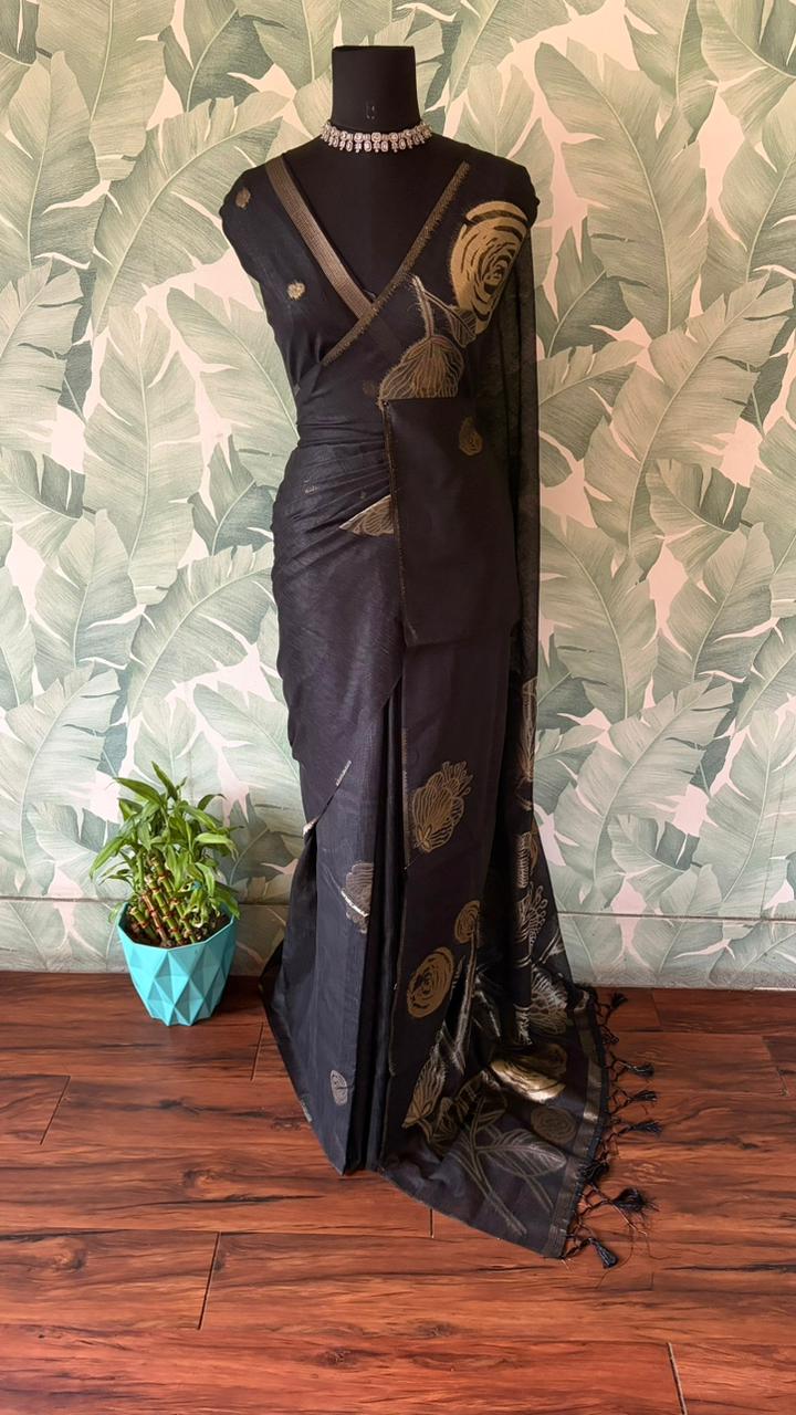 Premium quality soft semi tussar silk saree with gorgeous golden roses zari weaving & zari weaving motis