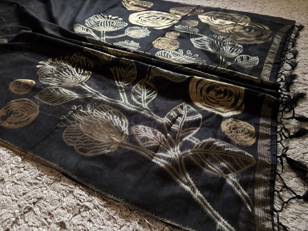 Premium quality soft semi tussar silk saree with gorgeous golden roses zari weaving & zari weaving motis