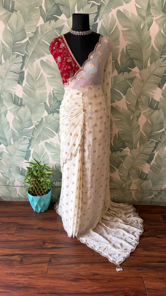 Premium pure chinnon silk saree with banarasi zari weaving motifs embellished with zardozi cut daana handwork & heavy jaal