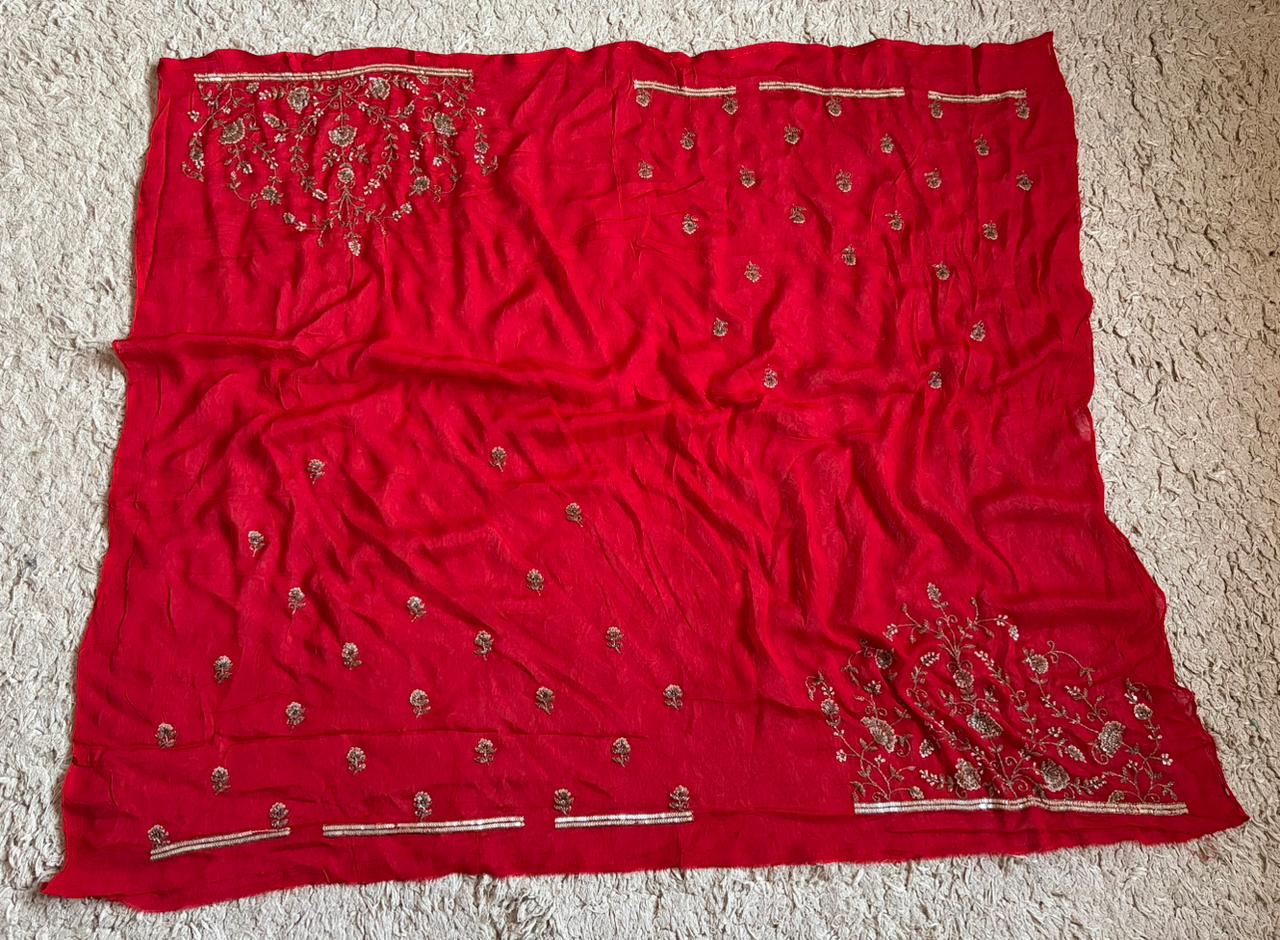 Premium pure chinnon silk saree with banarasi zari weaving motifs embellished with zardozi cut daana handwork & heavy jaal