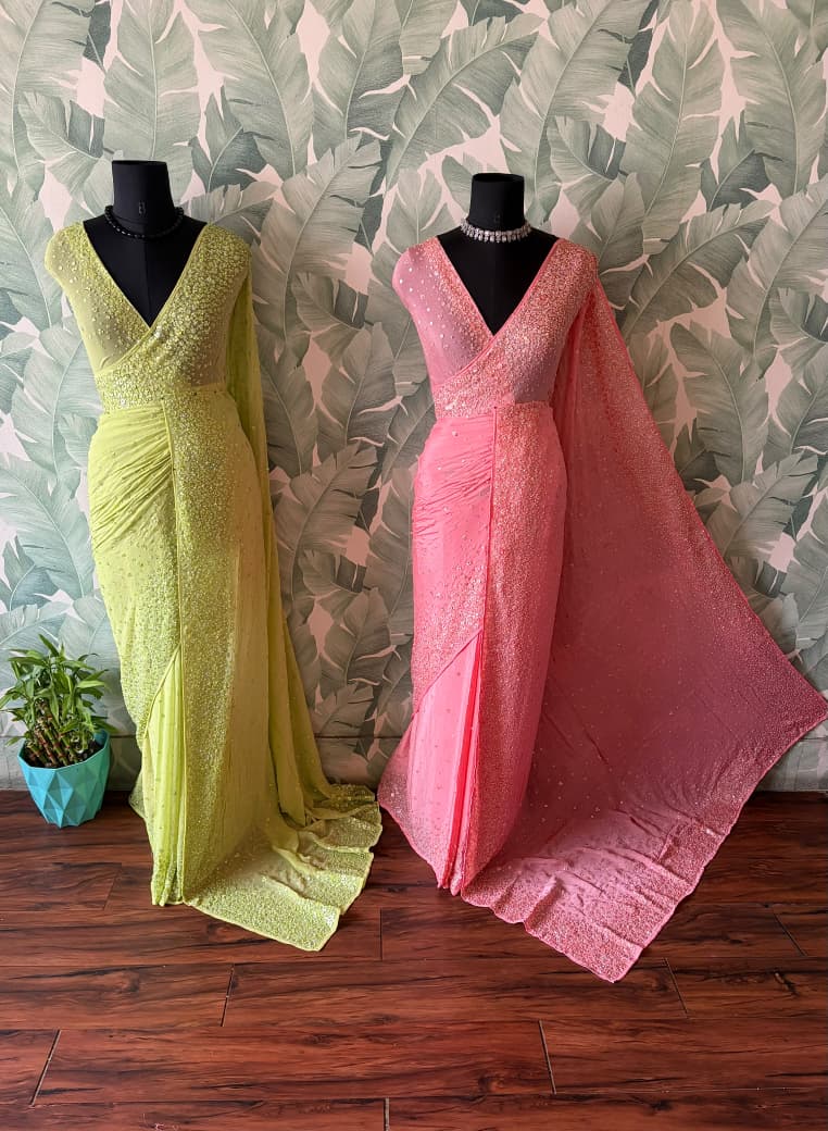 Premium pure chinnon/georgette pink saree with pearl sequins handwork