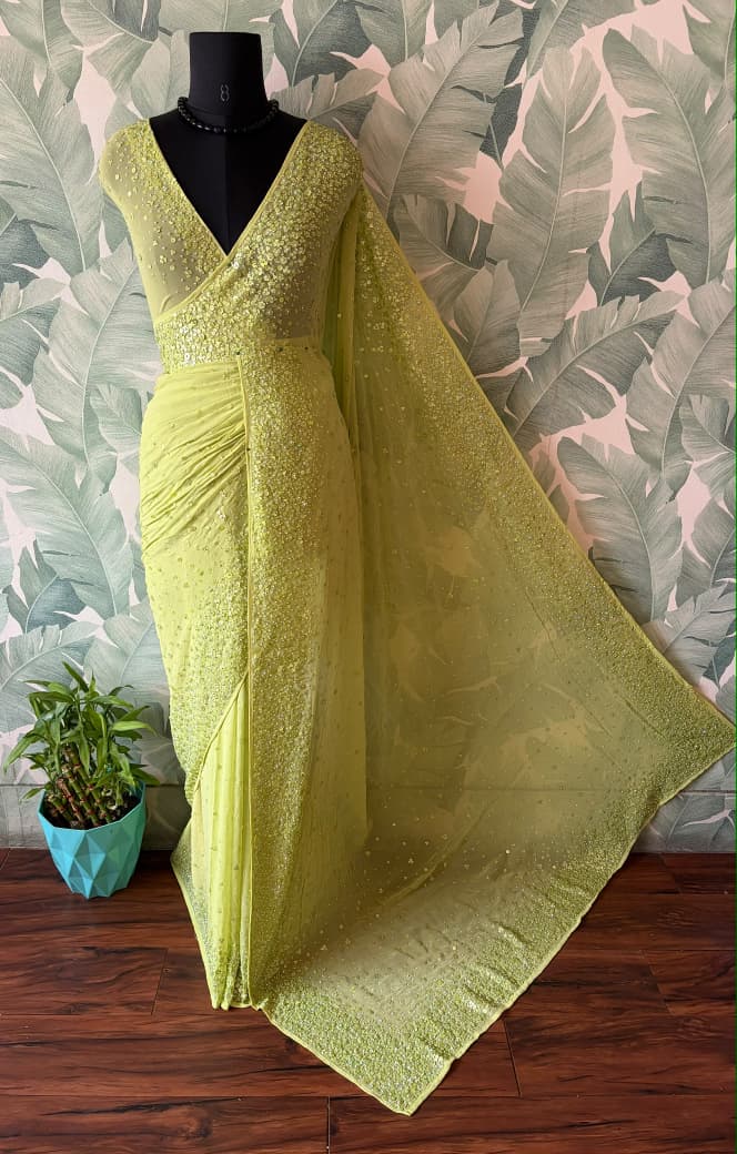 Premium pure chinnon/georgette lemon yellow saree with pearl sequins handwork