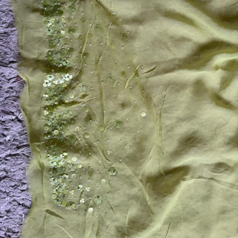 Premium pure chinnon/georgette lemon yellow saree with pearl sequins handwork
