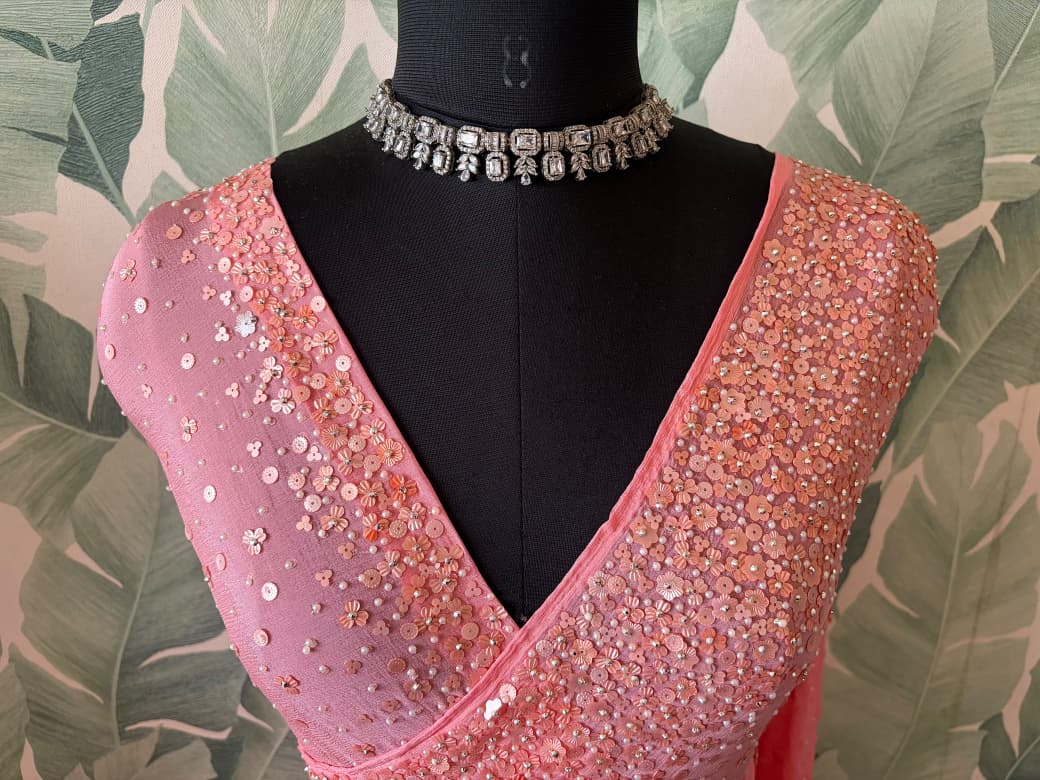 Premium pure chinnon/georgette pink saree with pearl sequins handwork