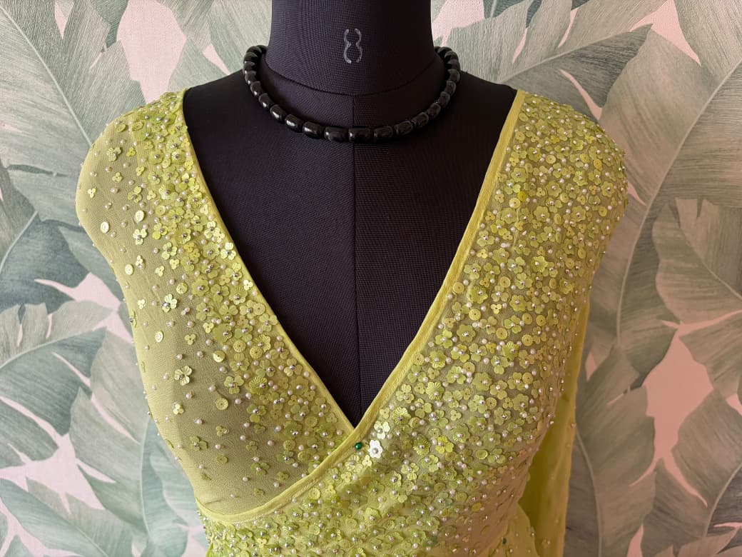 Premium pure chinnon/georgette lemon yellow saree with pearl sequins handwork