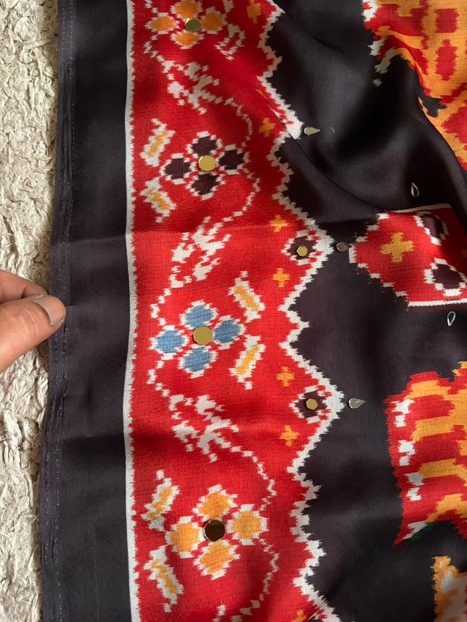 Celebrity inspired black patola silk saree embellished with contemporary gold n silver original mirror handwork