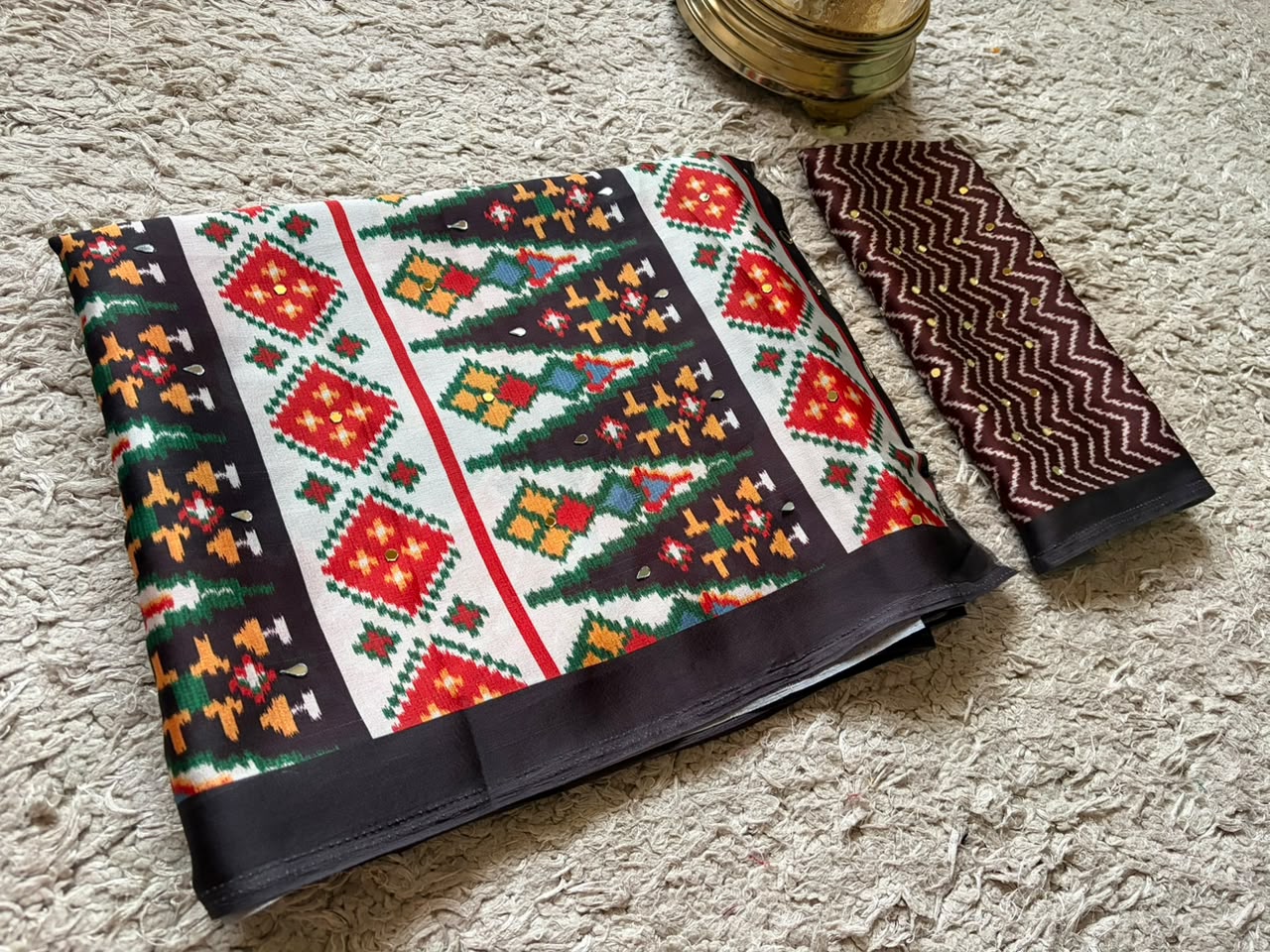 Celebrity inspired black patola silk saree embellished with contemporary gold n silver original mirror handwork
