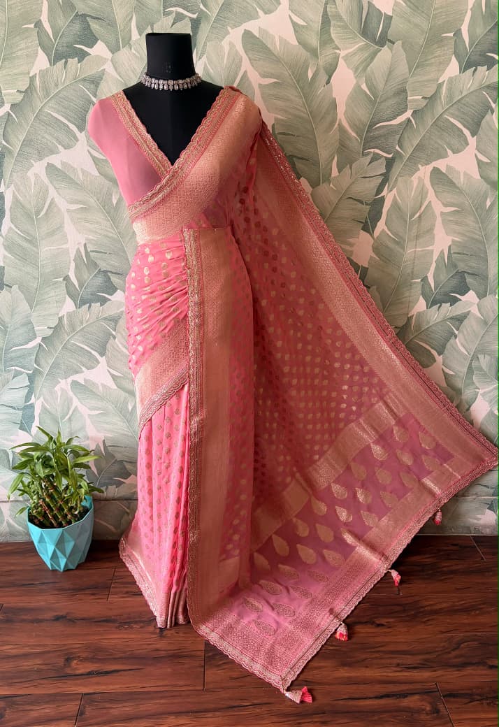 Premium Pure Banarasi Khaddi Georgette Silk Saree Embellished With Zari Weaving Jaal