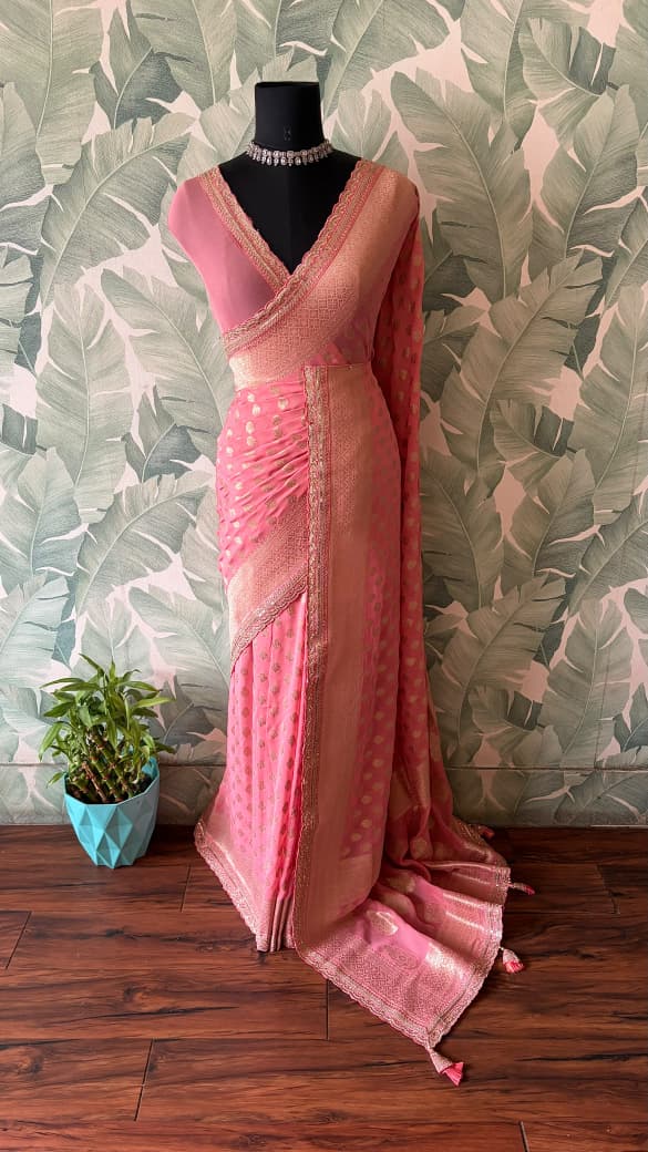 Premium Pure Banarasi Khaddi Georgette Silk Saree Embellished With Zari Weaving Jaal
