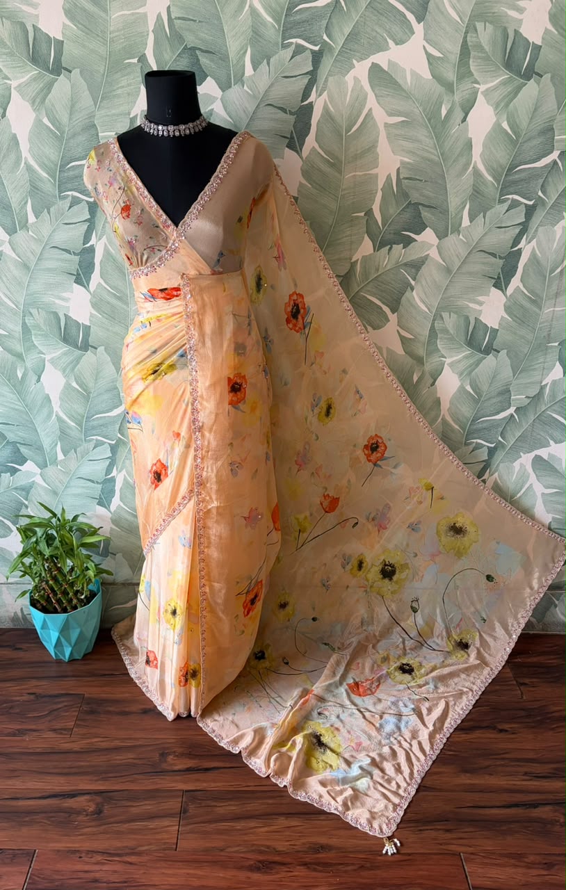 Exclusive Premium Pure Chinnon Silk Peach Saree Embellished With Intricate Pearl Sequins Cut Daana Handwork