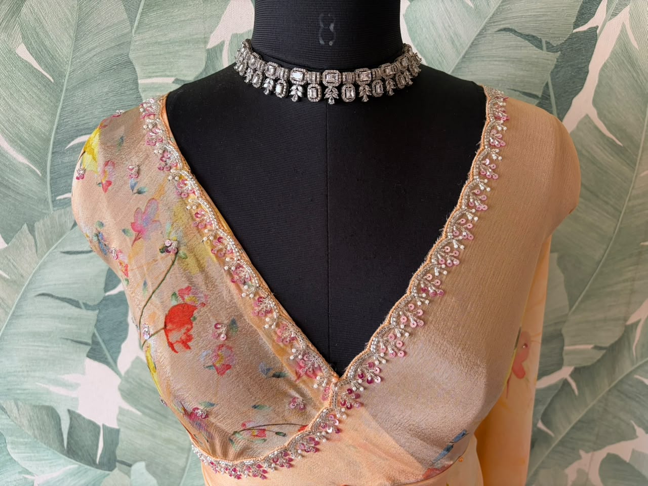Exclusive Premium Pure Chinnon Silk Peach Saree Embellished With Intricate Pearl Sequins Cut Daana Handwork
