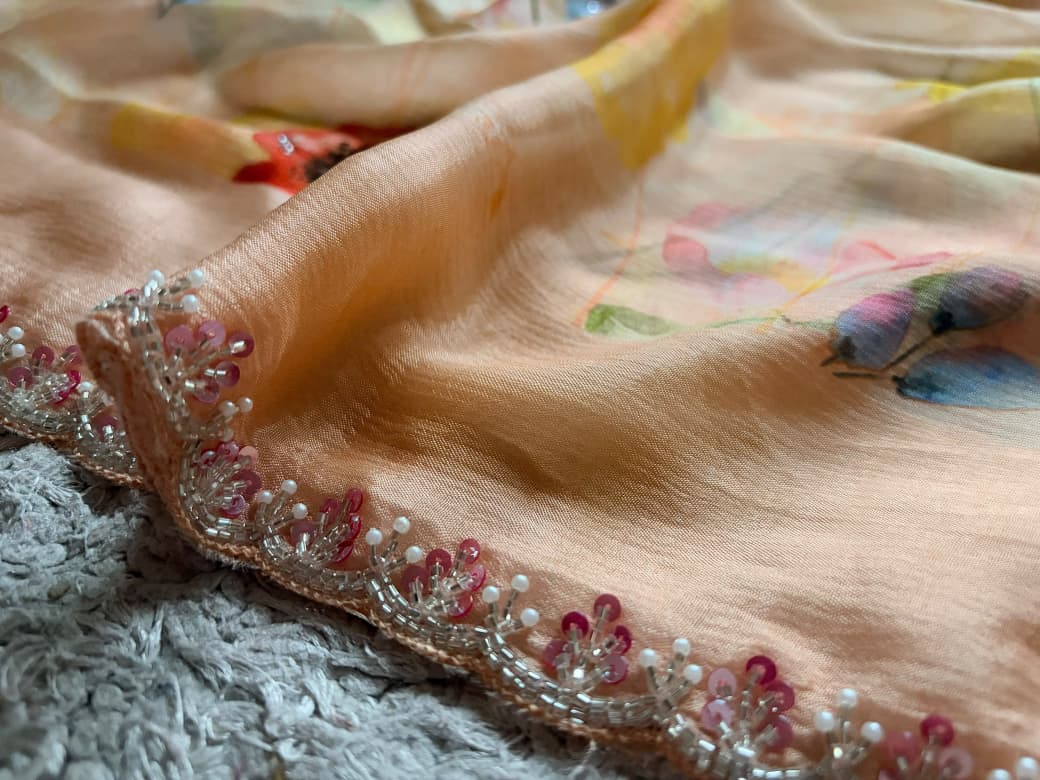 Exclusive Premium Pure Chinnon Silk Peach Saree Embellished With Intricate Pearl Sequins Cut Daana Handwork