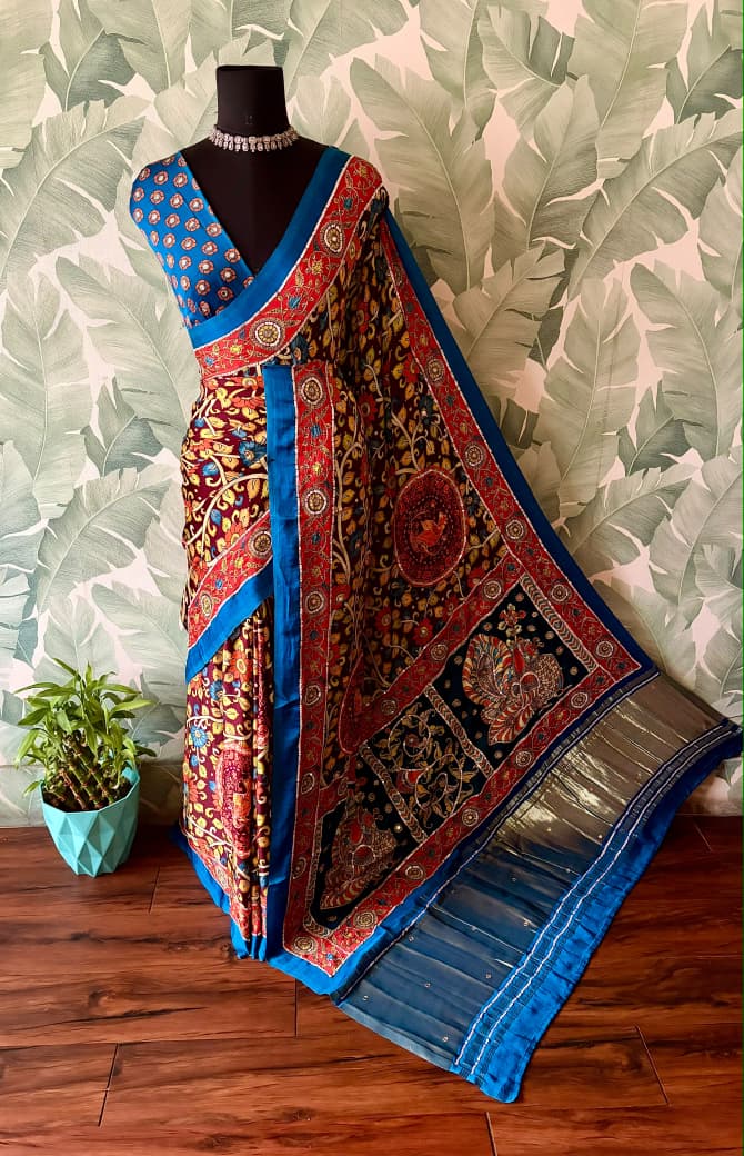 Premium Pure Modal Silk Kalamkari Saree Embellished With Zari Aari Sequins Foil Mirror Handwork
