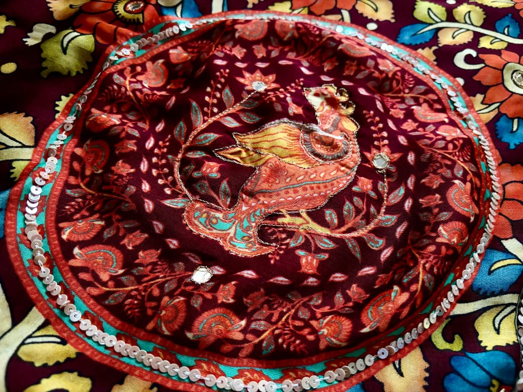 Premium Pure Modal Silk Kalamkari Saree Embellished With Zari Aari Sequins Foil Mirror Handwork