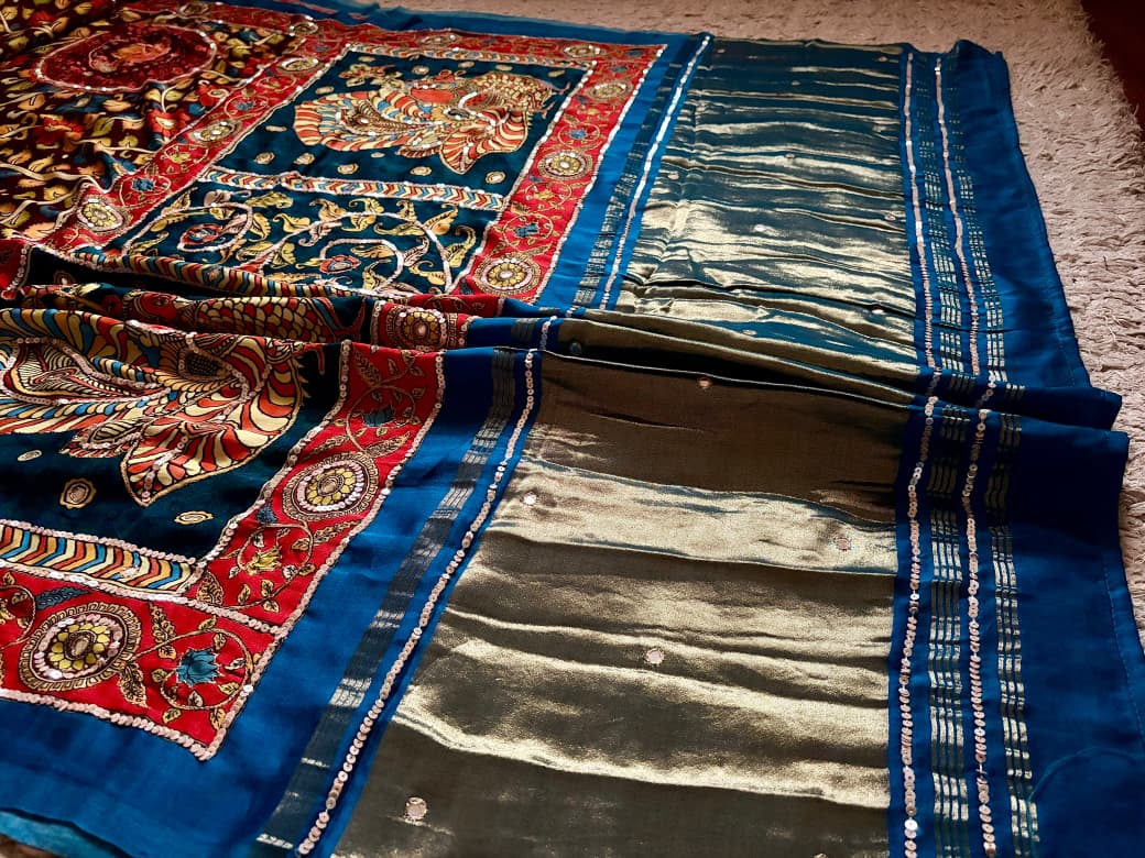 Premium Pure Modal Silk Kalamkari Saree Embellished With Zari Aari Sequins Foil Mirror Handwork