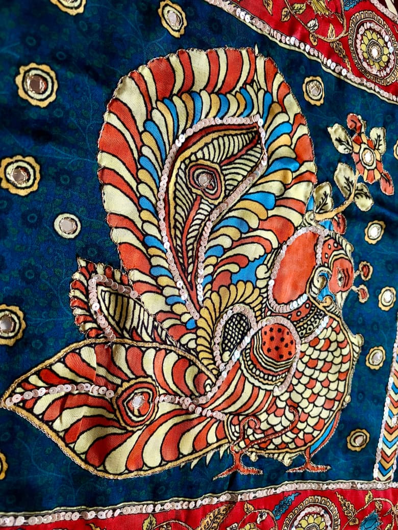 Premium Pure Modal Silk Kalamkari Saree Embellished With Zari Aari Sequins Foil Mirror Handwork