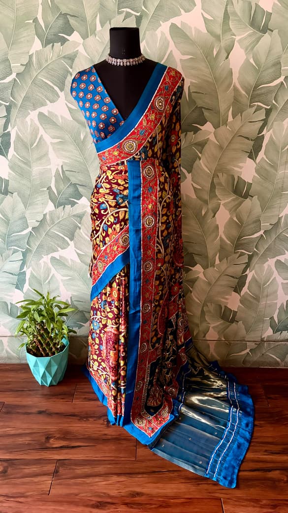 Premium Pure Modal Silk Kalamkari Saree Embellished With Zari Aari Sequins Foil Mirror Handwork