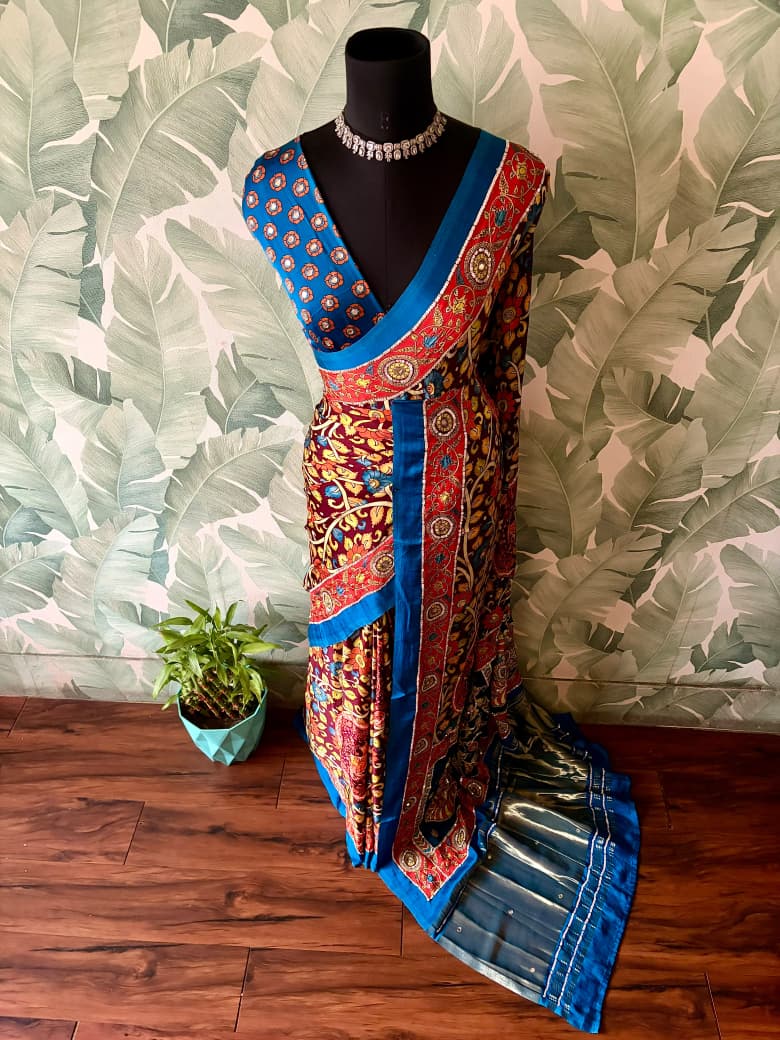 Premium Pure Modal Silk Kalamkari Saree Embellished With Zari Aari Sequins Foil Mirror Handwork