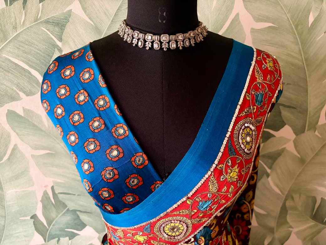 Premium Pure Modal Silk Kalamkari Saree Embellished With Zari Aari Sequins Foil Mirror Handwork