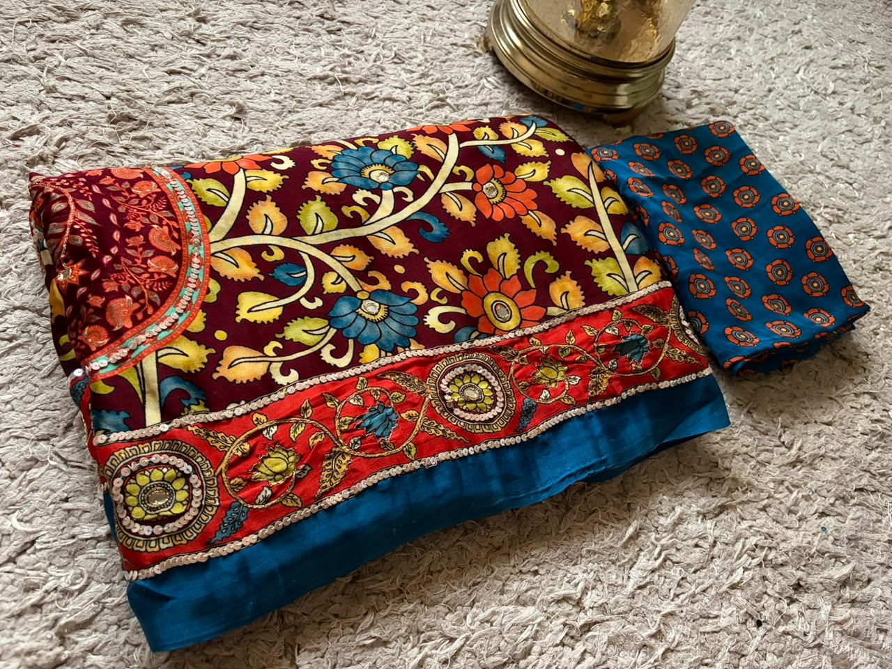 Premium Pure Modal Silk Kalamkari Saree Embellished With Zari Aari Sequins Foil Mirror Handwork