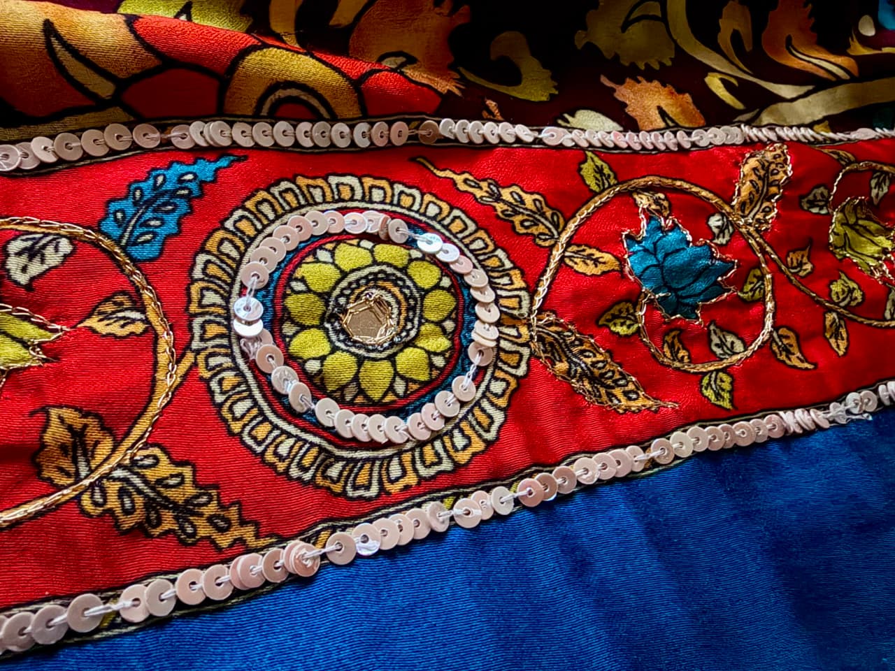 Premium Pure Modal Silk Kalamkari Saree Embellished With Zari Aari Sequins Foil Mirror Handwork