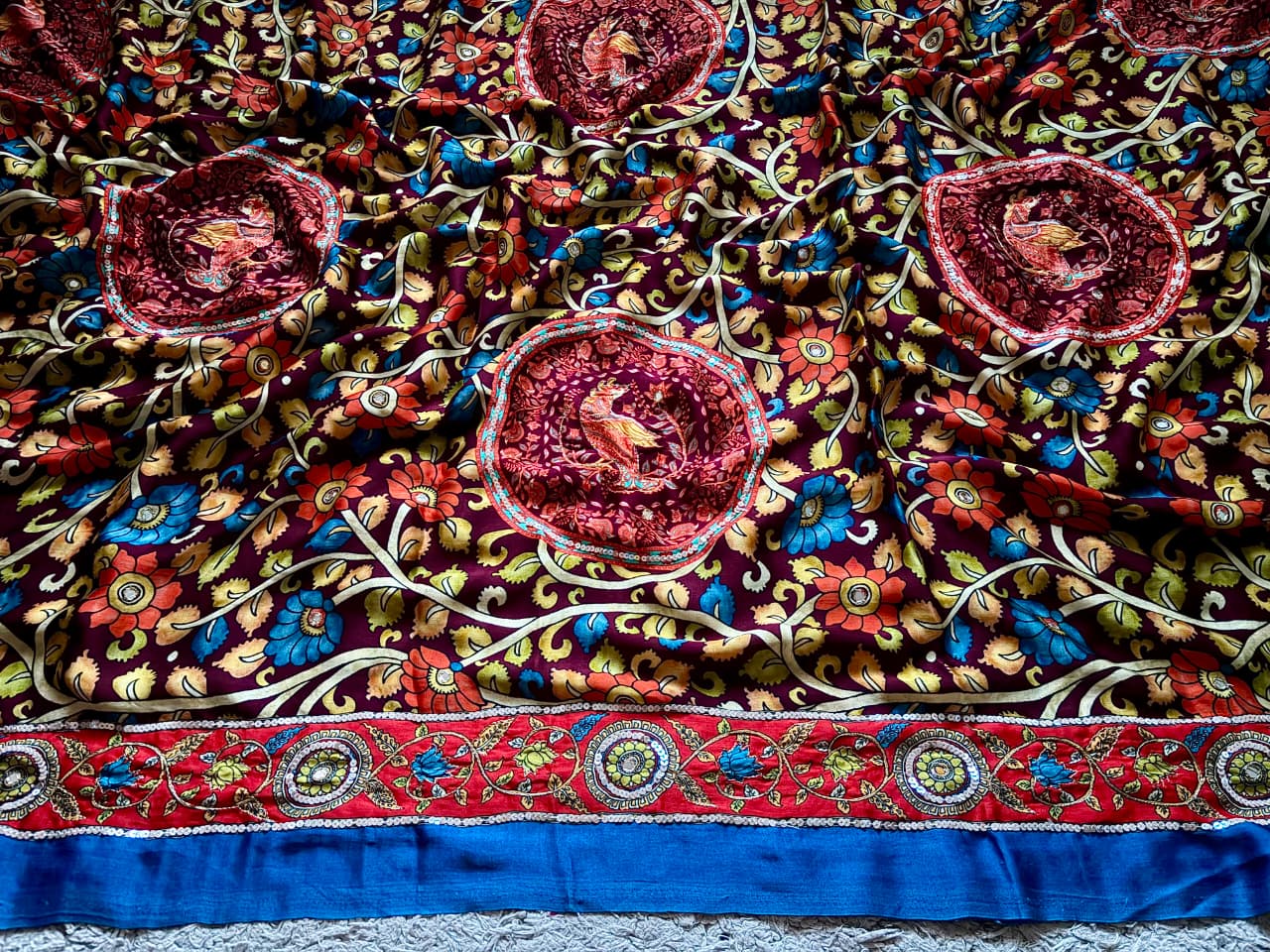 Premium Pure Modal Silk Kalamkari Saree Embellished With Zari Aari Sequins Foil Mirror Handwork