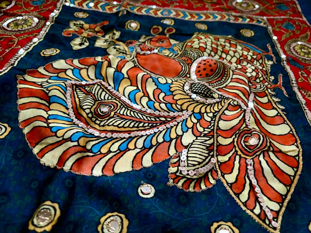 Premium Pure Modal Silk Kalamkari Saree Embellished With Zari Aari Sequins Foil Mirror Handwork