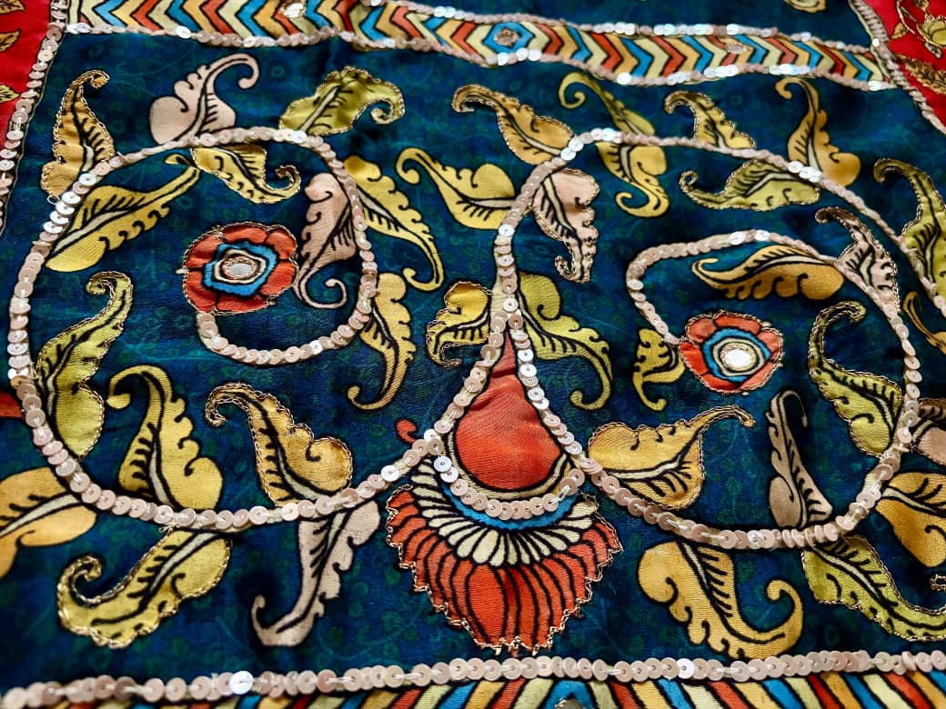 Premium Pure Modal Silk Kalamkari Saree Embellished With Zari Aari Sequins Foil Mirror Handwork