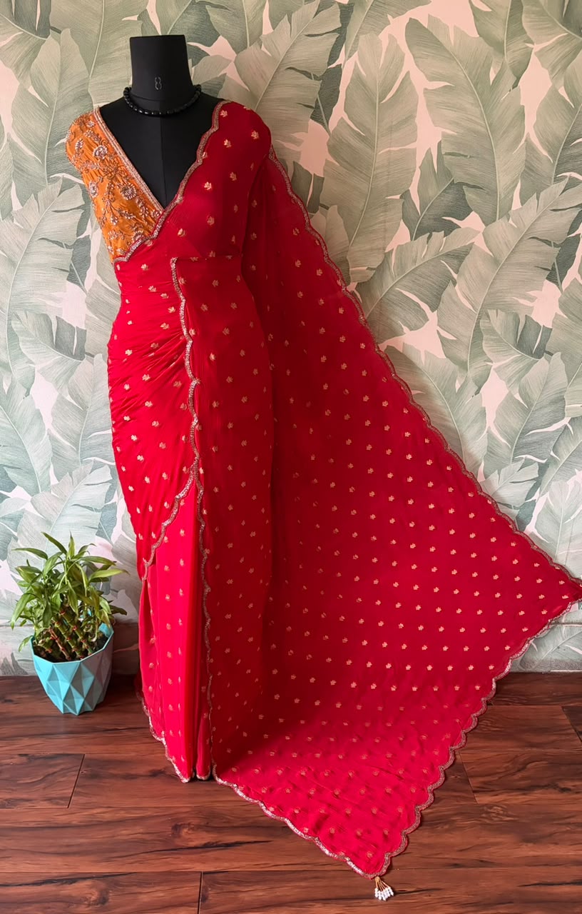 Premium Pure Chinnon Silk /Russian Silk Red saree with banarasi zari weaving motifs