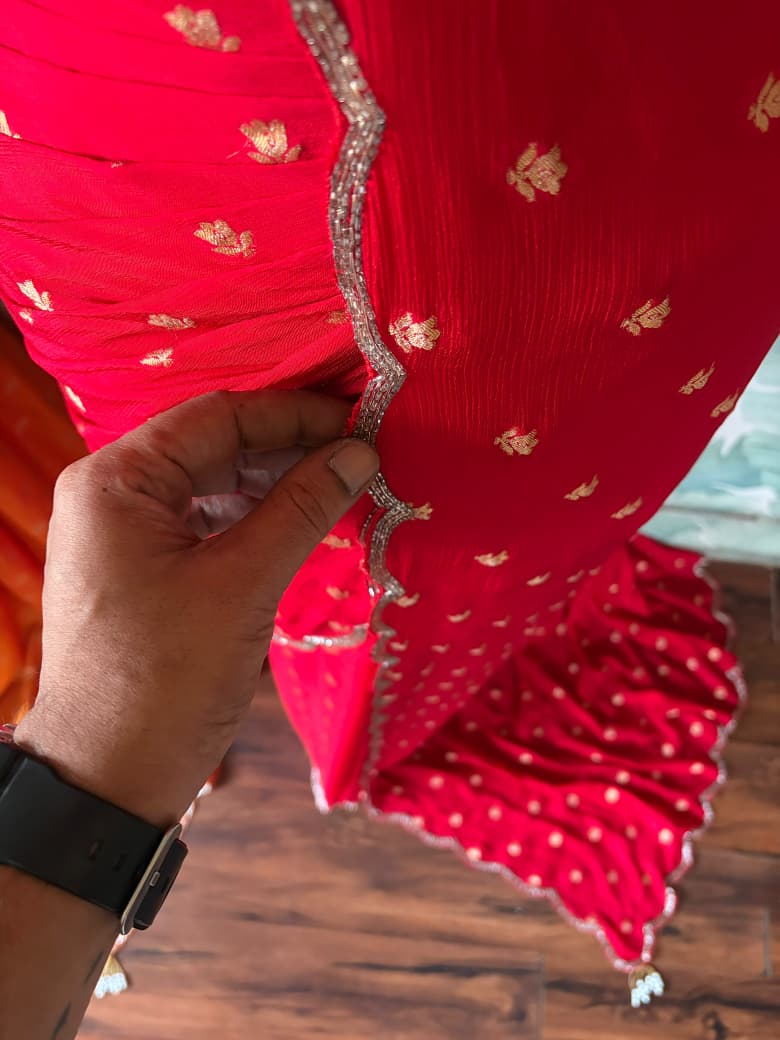 Premium Pure Chinnon Silk /Russian Silk Red saree with banarasi zari weaving motifs