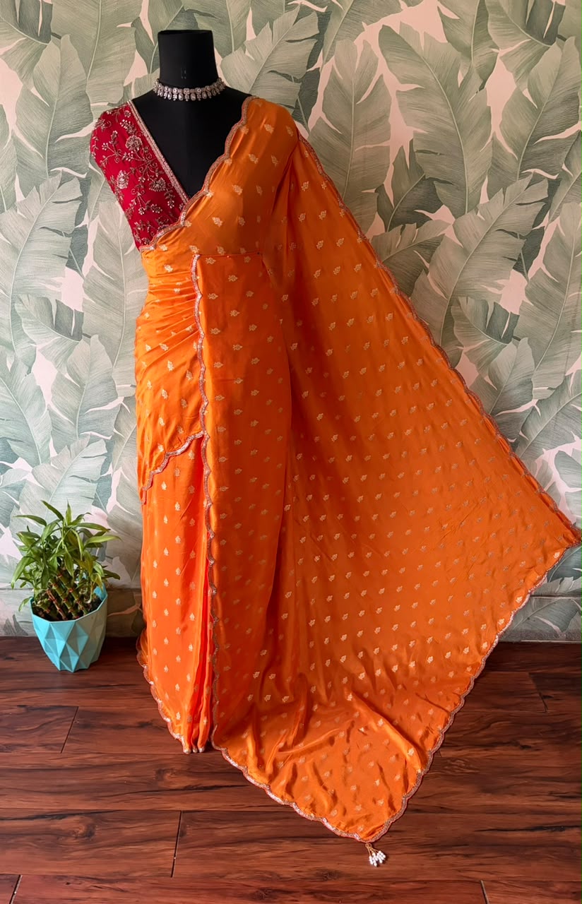 Premium Pure Chinnon Silk /Russian Silk saree with banarasi zari weaving motifs