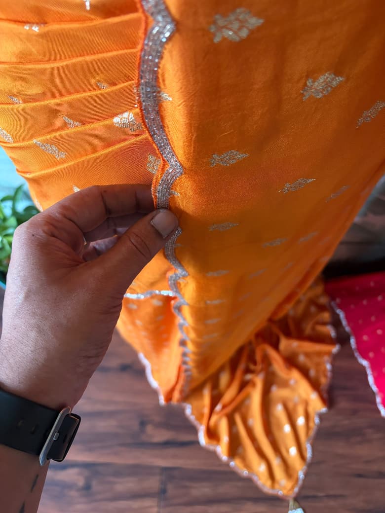 Premium Pure Chinnon Silk /Russian Silk saree with banarasi zari weaving motifs