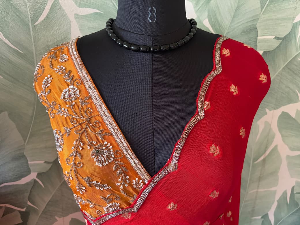 Premium Pure Chinnon Silk /Russian Silk Red saree with banarasi zari weaving motifs