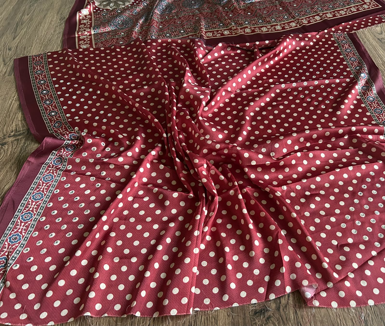 Celebrity Inspired Silky Modal Satin Silk saree embellished with contemporary stripes ajrakh print embellished with original mirror handwork & contrast heavy mirror handwork bp
