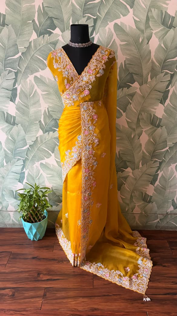 Yellow Premium Pure Organza Silk saree embellished with intricate zardozi handwork & heavy zardozi handwork bp