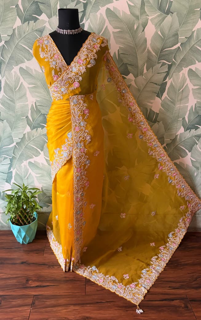 Yellow Premium Pure Organza Silk saree embellished with intricate zardozi handwork & heavy zardozi handwork bp