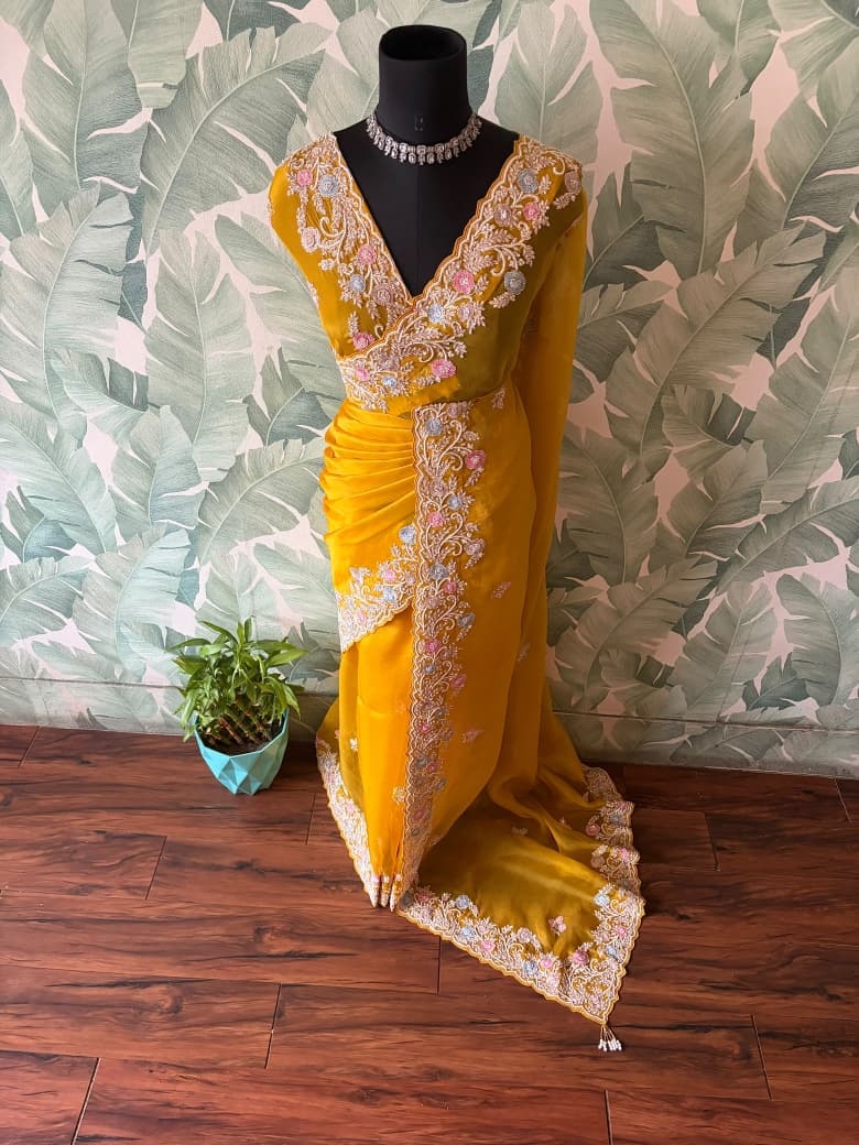 Yellow Premium Pure Organza Silk saree embellished with intricate zardozi handwork & heavy zardozi handwork bp
