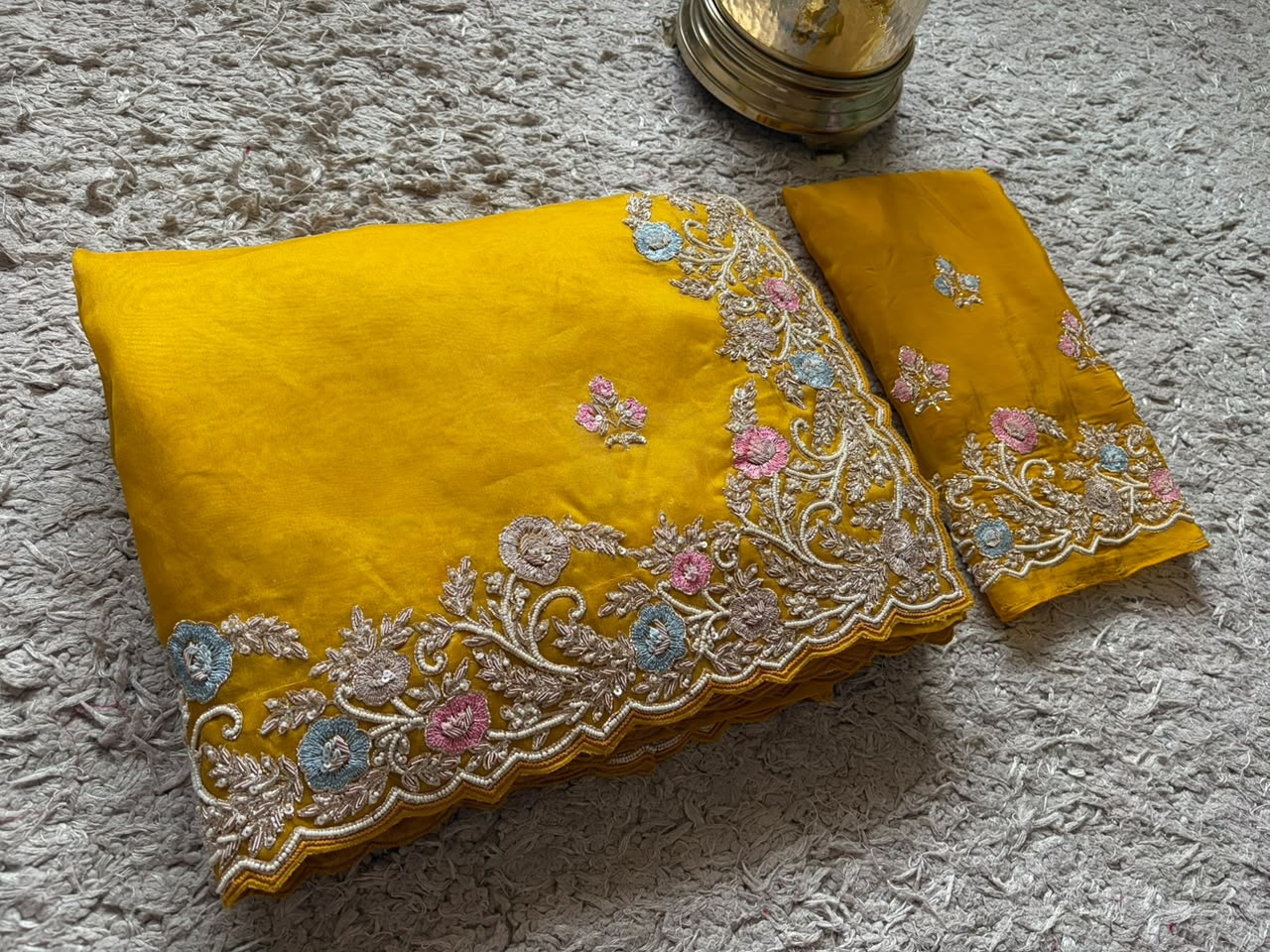 Yellow Premium Pure Organza Silk saree embellished with intricate zardozi handwork & heavy zardozi handwork bp