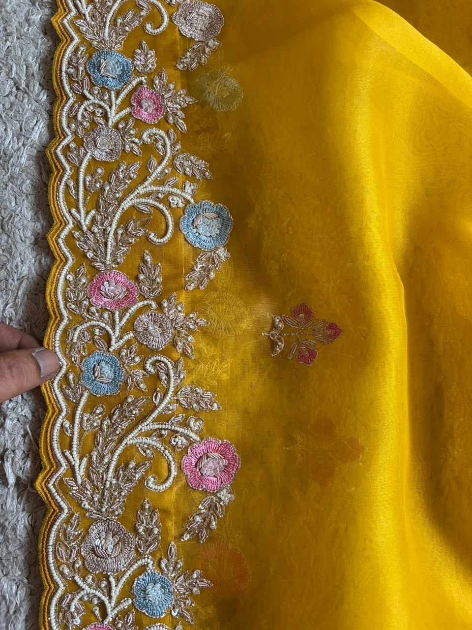Yellow Premium Pure Organza Silk saree embellished with intricate zardozi handwork & heavy zardozi handwork bp